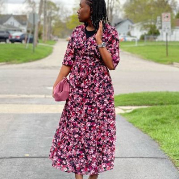 Isabel Maternity Purple Floral Bell Sleeve Dress - Picture 1 of 15